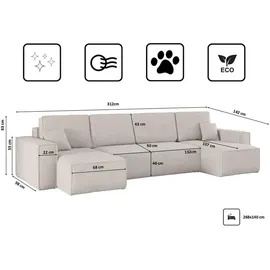 kaiser möbel Ecksofa mit schlaffunktion und bettkasten, Sofa U-form, Couch U-form BEST Dicker Cord - Beige