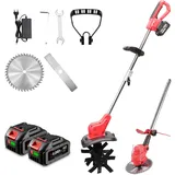 ONEVAN Akku Rasentrimmer & Bodenhacke 2-in-1, Bürstenlos Rasenkantenschneider mit 2 4.0Ah Akkus, 2850W, Verstellbarer Teleskop, Elektro Motorsense inkl. Gartenfräse-Ersatzkopf & 2 8" Schneidklingen