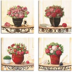 Leinwandbild ARTLAND "Hortensien Nelken Rosen Pfingstrosen", beige (farbe bild(er): naturfarben), B:30cm H:30cm, Canvas, Leinwand, MDF, Bilder, 4er Set, verschiedene Größen
