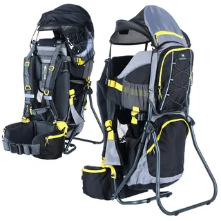 Dromader Kraxe Kindertrage bis 22kg - Baby Rückentrage Wandern mit Sonnendach Regenschutz - Babytrage Outdoor Trekking mit Thermotasche Wickelmatte - Einhändig klappbarer Aluminiumrahmen Schwarz Gelb