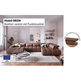Cotta Wohnlandschaft COTTA "Orion U-Form, B: 409 cm", grau (elephant), B:409cm H:73cm T:225cm, 100% Polyester, Sofas, Wohnlandschaft, mit Kopfteilverstellung & 6 Nierenkissen
