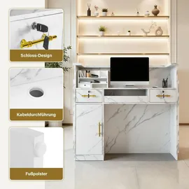 Barberpub Empfangstheke mit 3 Schubladen & 1 Schrank, Empfangstisch mit Beleuchtung, Abschließbar, Rezeptionstheke Kassentheke, R9759(Weiß-Gold) - Weiß/Gold