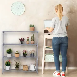 Relaxdays Blumenregal, 4 Ablagen, Blumen- & Pflanzentöpfe, Metall Kunststoff, HxBxT: 106x91x28 cm, Kräuterregal, grau