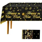 2 Stück, Silvester Deko, 137 x 274 cm, Party Tischdecke Schwarz Gold, Papiertischdecke Schwarz für Neujahrsparty