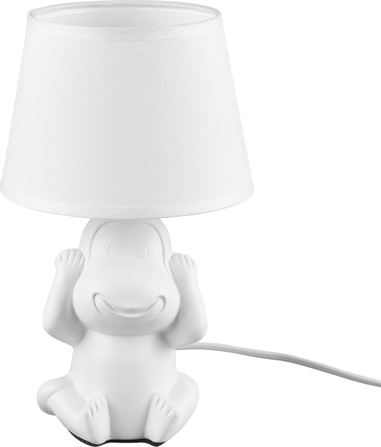 Nachttischleuchte Affe Tischlampe Keramik weiß Beistellleuchte Affe Stoffschirm, Schnurschalter, 1x E14 Fassung, DxH 17x27 cm