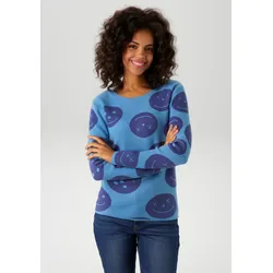 Strickpullover, mit eingestrickten Smileys, Gr. 34, türkis-blau, , 37889723-34