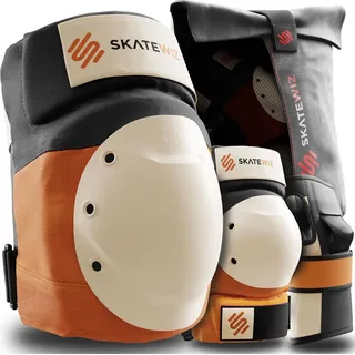 SKATEWIZ Profi Skater Schutzausrüstung für Erwachsene - Jugendliche mit Neopren-Sleeves - Orange - M