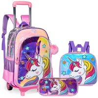 Trolley Schulranzen Unicorn Rucksack mit Rollen für Mädchen, Transparente Trolley Schulranzen 3-teiliges Set, Kinder Schulrucksack mit Rollen für Schulreisen, Klasse 3-5