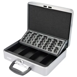HMF 10016-09 Geldkassette abschließbar mit Münzzählbrett, Kasse mit Koffergriff 30,5 x 24 x 8,5 cm Silber