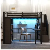 Odikalo Hochbett 90x200 140x200 Kinderbett Jugendbett mit Schreibtisch LED und Stauraum (Metallbett, Eisenrahmen, mit Schreibtisch, Ablagefach, LED-Lichtleiste, Treppenkonstruktionen mit Stauraum, ohne Matratze) 140 cm x 200 cm