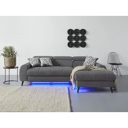 Ecksofa COTTA "Mia L-Form mit 3 Zierkissen", grau, B:236cm H:74cm T:164cm, 100% Polyester, Sofas, wahlweise mit Bettfunktion, Bettkasten, Beleuchtung & Wireless-Charger