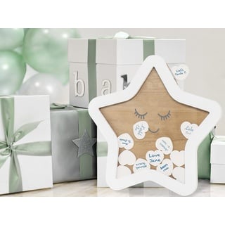 Wishing Star Gästebuch Baby - Babyshower Baby Geschenk Accessoire - mit 25 beschreibbaren Herzen - Geschenk zur Geburt - Weiss - MDF-Holz