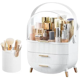 HT Make-Up Organizer und Aufbewahrung, tragbar, wasserdicht, staubdicht, Organizer mit Deckel, Kosmetik-Vitrine, Hautpflege-Organizer für Schminktisch, Badezimmer weiß