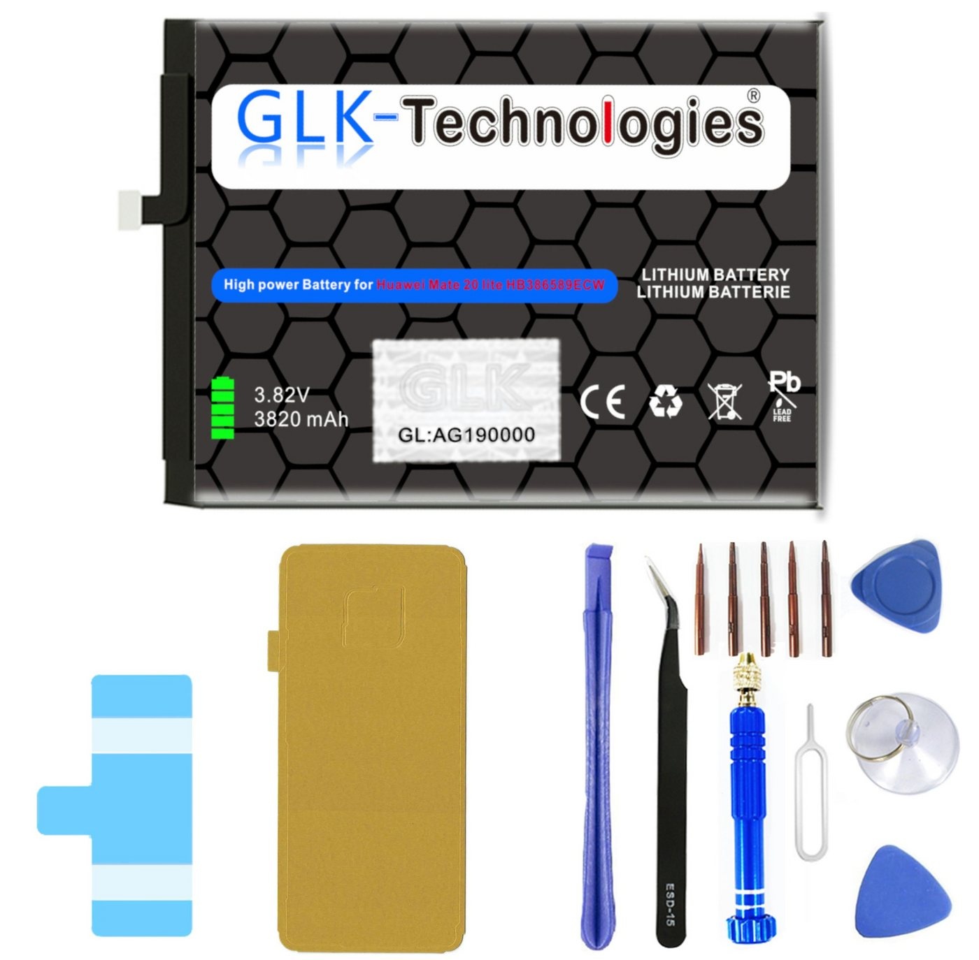 GLK-Technologies High Power Ersatz Akku für Huawei Mate 20 Lite / P10 Plus / Honor inkl. Profi Werkzeug Set Kit Smartphone-Akku 3820 mAh (3,8 V)