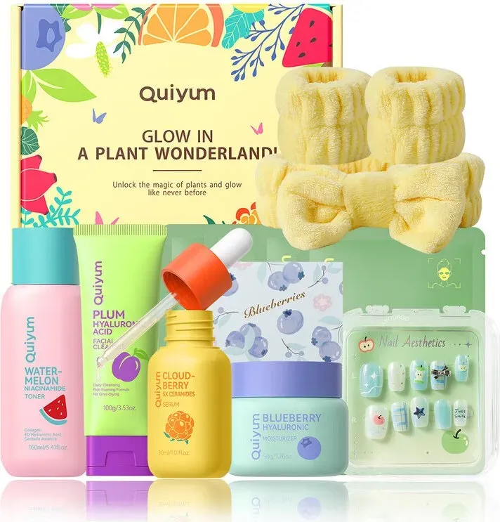 QUIYUM Frucht-Hautpflege-Set (10 Teile): enthält Reiniger 100 g, Gesichtswasser 160 ml, Serum 30 ml, Creme 50 g, Fruchtmasken 25 g × 4 und ein Haarband mit Nagelspitzen-Stickern. Geschenk zum Muttertag