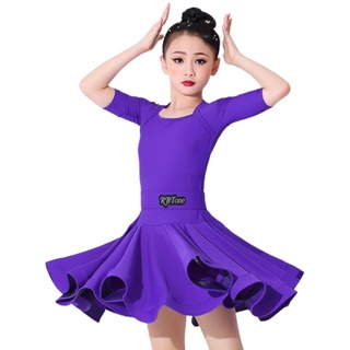 OTMYIGO Mädchen Nylon Latein Tanzkleid für Mädchen Kind Wettbewerb Ballsaal Tango Salsa Tanzkleidung Übungstanzkleidung,Lila,140