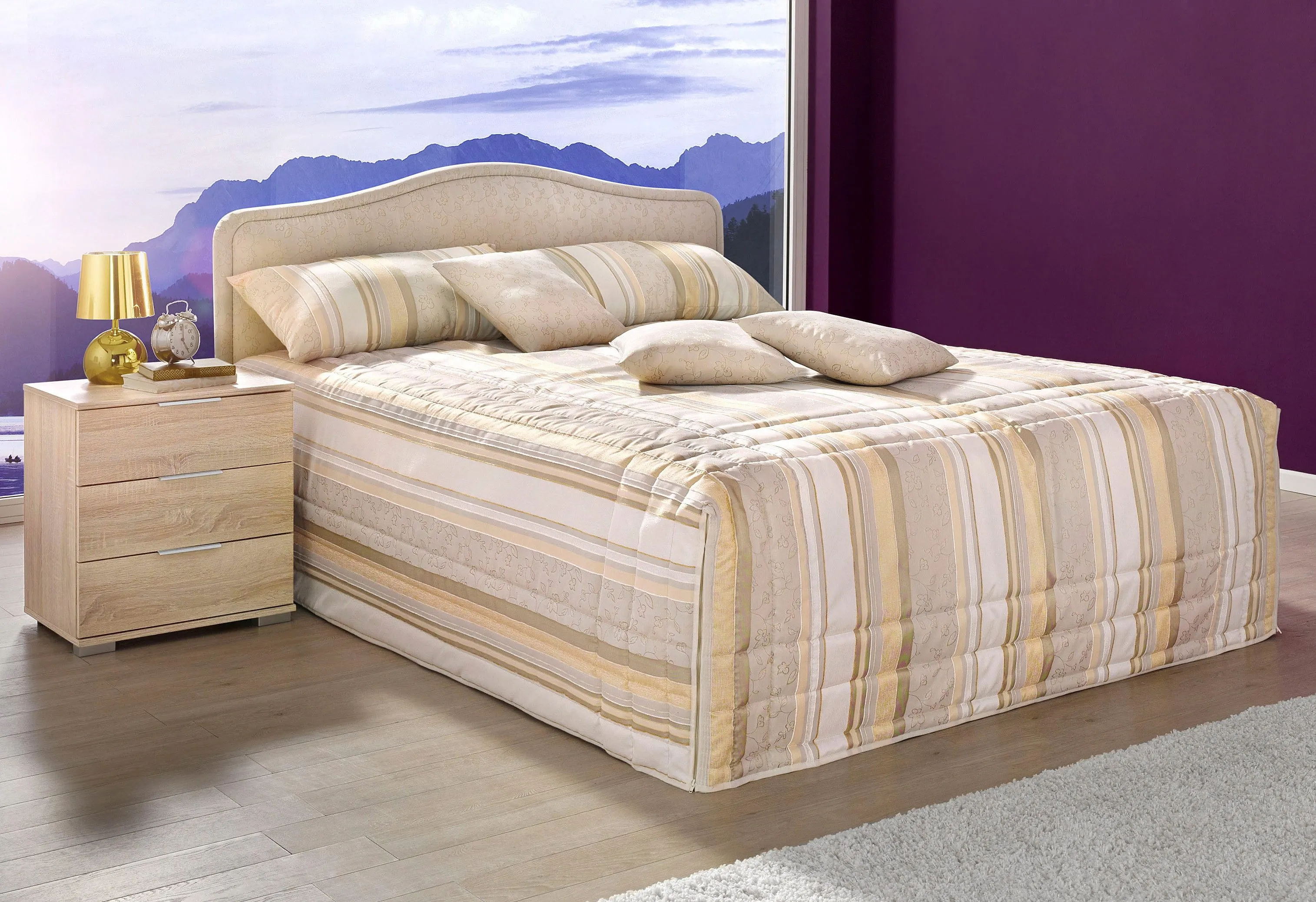 Polsterbett, beige, B:170cm L:210cm, Bezug Bett: Jacquard-Webstoff (100% Polyester), Bonnell-Federkernmatratze: Mischgewebe (51% Polyprophlen, 39% Polyester, 10% Baumwolle), Kaltschaummatratze: Frottee (100% Polyester), Bezug abnehm- und waschbar bis 60u00b0C, Tagesdecke: Jacquard-Webstoff (100% Polyester), WESTFALIA SCHLAFKOMFORT, Betten, H2 wählbar zwischen Kaltschaum oder Bonnell-Federkernmatratze