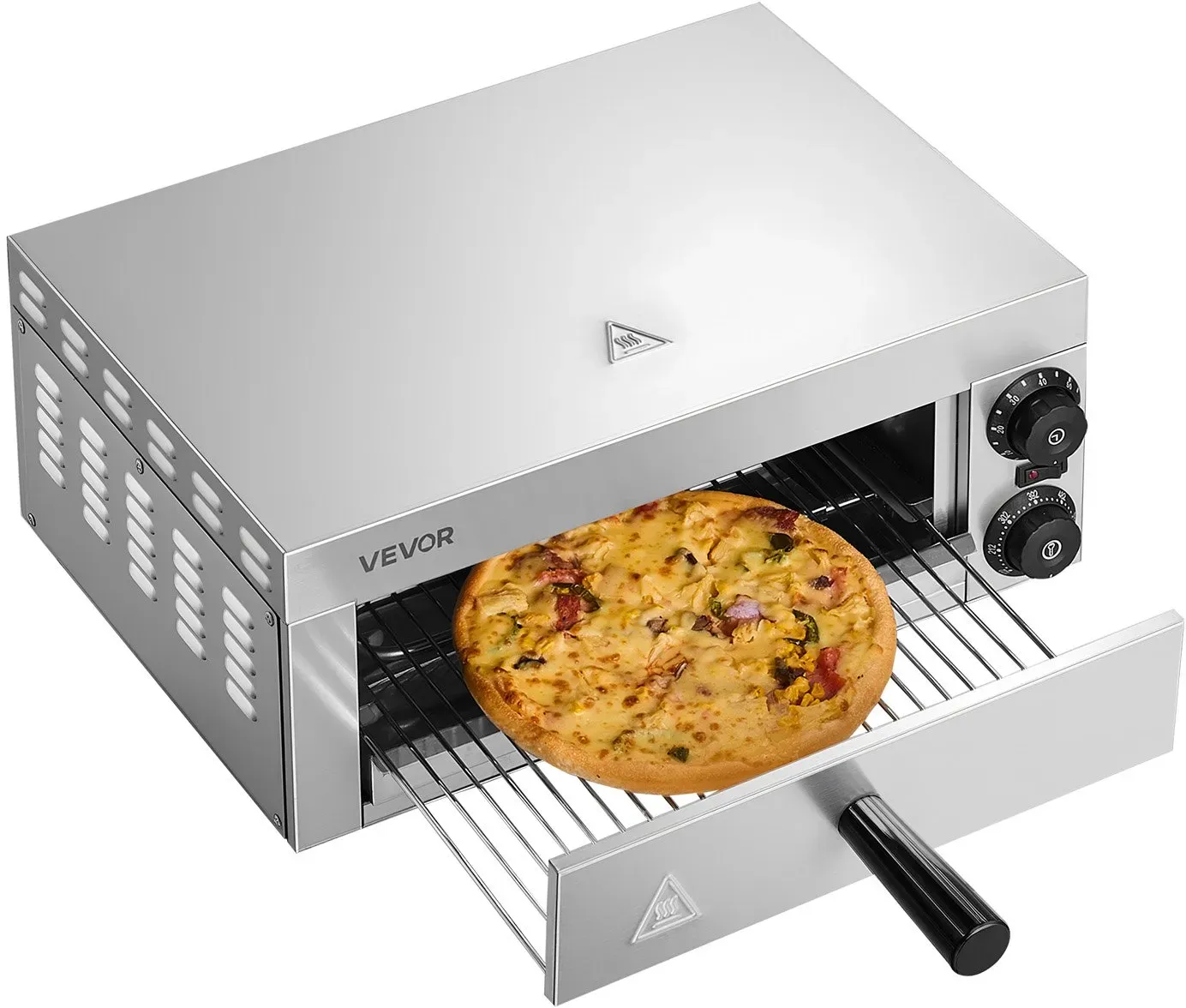 VEVOR Elektrischer Pizzaofen für Arbeitsplatten, 12 Zoll, 1500 W, mit Temperaturregelung und 0-60-Minuten-Timer, gleichmäßiger Backtechnologie und leicht zu reinigender Krümelschublade, ideal für gewerbliche und private Küchen