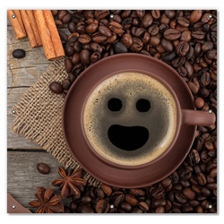 Sonnenschutz Lustige Kaffeetasse mit einem Lächeln – Kaffeebohnen und Zimt, Wallario, blickdicht, mit Saugnäpfen, wiederablösbar und wiederverwendbar rot 96 cm x 93 cm