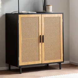 Sideboard 80cm mit 2 Türen in Rattan Wiener Geflecht Design Kommode Schwarz