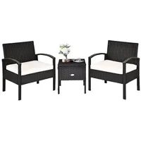 COSTWAY Balkonset, 3-tlg, Tisch mit Stauraum & 2 Sessel mit Kissen, Rattan schwarz