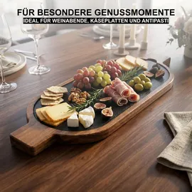 hausleben Servierbrett Holz mit Schieferplatte 50x15cm – Akazienholz Käseplatte mit 2 Griffen, Längliches Tapas Brett & Antipasti Platte – Ru...