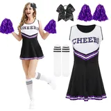 Kitimi Cheerleader Kostüm Damen für Erwachsene, Cheerleadering Outfit Fancy Dress Uniform mit Pompoms Haargummi Socken, High School Cheerleader Kostüm für Verkleidung Karneval Party Cosplay Fasching