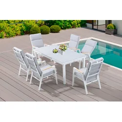 OUTFLEXX Garten-Essgruppe für 6 Personen, creme/weiß, Alu/Textilene, Tisch ausziehbar, witterungsbeständig