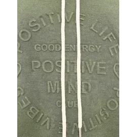 Zwillingsherz Hoodie "Positive Mind", Damen, Gr. L/XL (L/XL), grün (olive), Sweatware, Obermaterial: 75% Polyester, 20% Polyamid, 5% Elasthan, unifarben, comfort fit hüftlang, V-Ausschnitt, Sweatshirts Hoodie, Kapuze, 3/4 Arm, tonaler Schriftzug vorn, Kordelzug