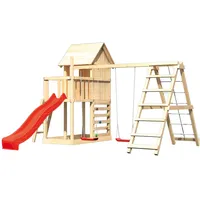 Karibu Akubi Stelzenhaus Frieda mit Wellenrutsche, Doppelschaukelanbau, Klettergerüst und