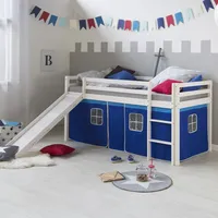 Hochbett 90x200 Kinderbett mit Rutsche Weiß Vorhang Blau Stockbett Homestyle4u