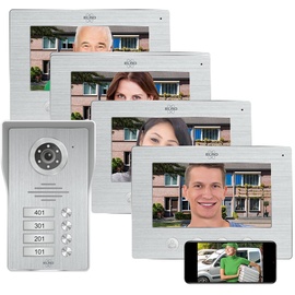 ELRO DV477IP4 WiFi IP Video Türsprechanlage-4-Familien-mit 4X 7-Zoll-Farbbildschirm-Color Night Vision-Live-Ansicht und Kommunikation via App, 5 W, 12 V, Silber, 4 Familien