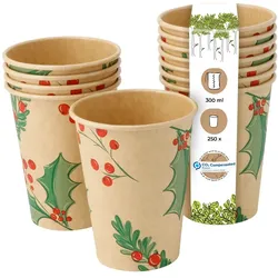 BIOZOYG 250 Stück Kaffee-Trinkbecher 300ml / 12ozPappe Winterliche Bedruckung mit Zweigen, Einwegbecher Kaffeebecher Pappbecher, biologisch abbaubar