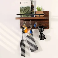 TOJ Schlüsselbrett aus Holz mit 7 Haken - Schlüsselhalter mit Postfach - Schlüsselorganizer - Ablage und Hängeschiene - Dunkelbraun