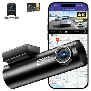 AZDOME Dashcam Auto Vorne Hinten 4K+1080P, WiFi GPS Dash Cam, Autokamera mit 64G SD Karte, ADAS, Super Nachtsicht, WDR, Loop-Aufnahme, G-Sensor, Parküberwachung Auto Kamera