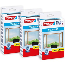 Tesa Insect Stop STANDARD Fliegengitter für Fenster im 3er Pack - Insektenschutz zuschneidbar - Mückenschutz ohne Bohren - 3 x Fliegen Netz anthrazit - 130 cm x 150 cm