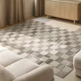 vikosa Quadra, beige Creme braun), B:120cm H:15mm L:180cm, Wolle, Teppiche, Handgemacht, Kariert, Karo, Natur, Wolle, Wohnzimmer,Schlafzimmer
