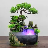 Zimmerbrunnen Brunnen aus Polyresin mit LED,Desktop Bonsai Ornamente,Beleuchtung Tischbrunnen mit Deko-Steingarten und Teich Wasserspiel Desktop Wasserfall mit Pumpe fur Büro/Wohnzimmer