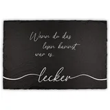 Finest Folia Schieferplatte Brotzeit 30x20cm Servierplatte beschriftet Dekoration zum servieren Deko Untersetzer Schiefer Buffet Essen wasserfest RVX001 (07 Lecker)