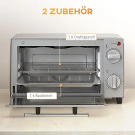 Homcom Minibackofen 9L Mini Ofen mit Backblech, Grillrost, 100 °C-230 °C, mit einstellbar Temperatur und Garzeit, 60 Min. Timer, 750W, Edelstahl,