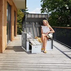 Tectake tectake® Strandkorb, gepolstert mit ausziehbaren Fußbänkchen, klappbare Seitentische und weitere Extras, 115 x 158 x 78 cm