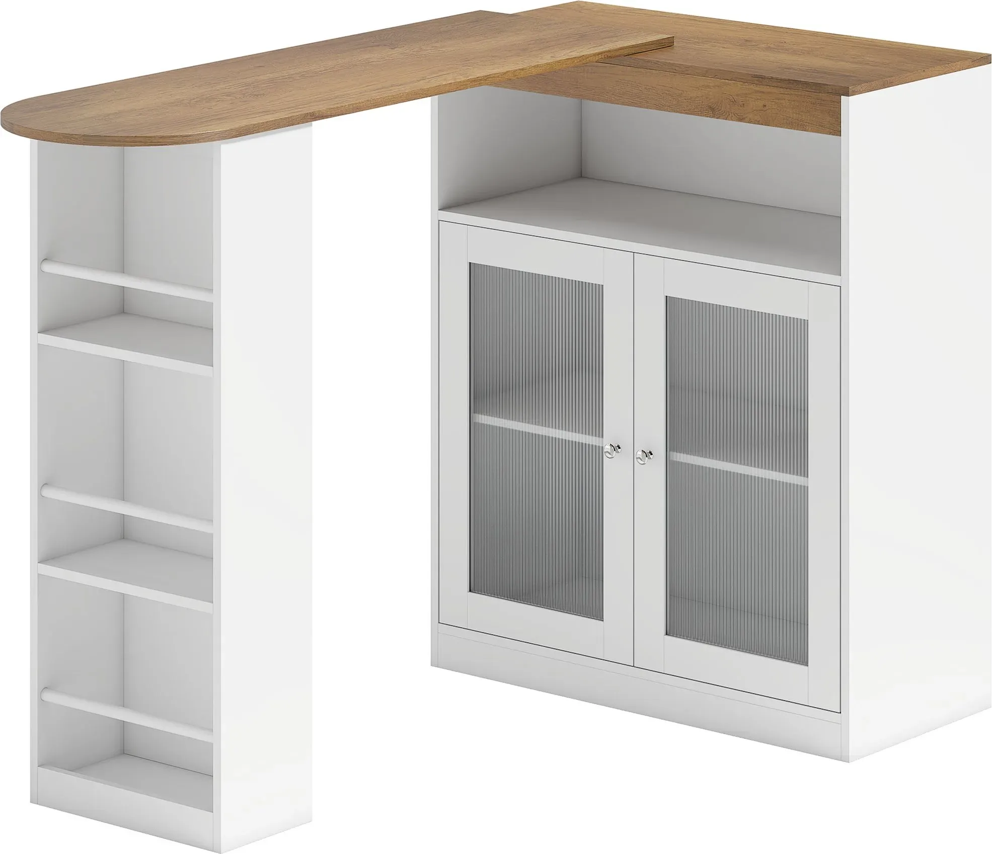 HOMCOM Ausziehbarer und 360° drehbarer Bartisch, hoher Küchentisch mit offenen Regalen und 2 Glastüren für Esszimmer, 150x80x105,5 cm, Weiß und Natur   Aosom