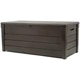 Keter Brightwood Kissenbox, Auflagenbox, 454 Liter Volumen, Wasserdicht, Taupe, Holzoptik, Sitzbank für 2 Erwachsene (max. 300kg), 145x69.7x60.3cm, Allzwecktruhe