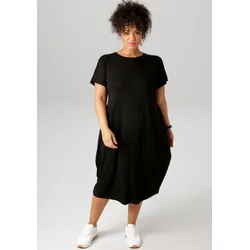 Jerseykleid ANISTON PLUS, Damen, Gr. 44, N-Gr, schwarz, Jersey, Obermaterial: 95% Viskose, 5% Elasthan, unifarben, casual, bequem kniebedeckend, Rundhals, Kurzarm abgestepptes Bündchen, Kleider