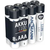 Ansmann Akku AAA 8 Stück Typ 1100 mAh (min. 1050 mAh) NiMH 1,2 V - Micro AAA Batterien, wiederaufladbar, hohe Kapazität für hohen Strombedarf, Vorgeladen und sofort einsatzbereit, extrem langlebig