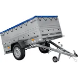 Gartenanhänger 200 Kipp mit Stützrad, zwei Seitenwänden, H-0-Rahmen und blauer Plane