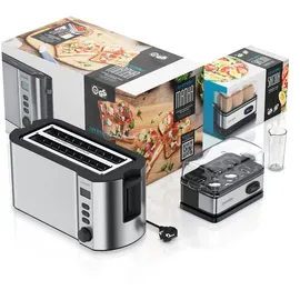 Arendo 2-teiliges Frühstücksset, Langschlitz 4-Scheiben Toaster MANHA, 6er Eierkocher, Silber
