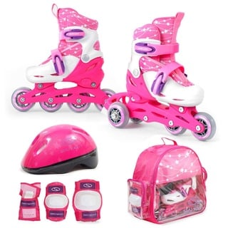 SMJ Kinder Mädchen Set 2in1 Inliner Rollschuhe VERSTELLBAR Inline Skates mit LED Rollen + Schonerset + Helm + Tasche (26-29)