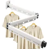 Gemsaya Ausziehbarer Wäscheständer, 3-Fach Gefaltet Wandmontage Kleiderstange 126cm, Platzsparend Einziehbarer Faltbar Kleiderständer mit Haken, Faltbar für Balkon, Wäsche, Badezimmer, Weiß