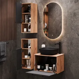 Planetmöbel Astra 60 cm Gold Eiche/Anthrazit mit schwarzem Waschbecken und 2x Midischrank - Grau